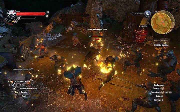 W trakcie walki z bandytami dobrze jest pomagać sobie znakiem Igni - Wino rzecz święta | Główne zadania | Solucja Wiedźmin Krew i Wino - Wiedźmin 3: Krew i wino - poradnik do gry