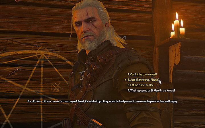 Możesz spróbować sam zdjąć klatwę, poprosić wiedźmę o zdjęcie klątwy lub wymusić na niej udzielenie pomocy - O damie i jej rycerzu - quest dziewczyny zaklętej w drzewie | Zadania poboczne - Wiedźmin 3: Krew i wino - poradnik do gry
