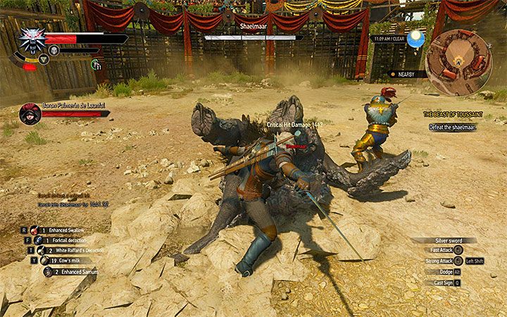 Najlepszą metodą na pokonanie szarleja jest ustawianie się na obrzeżach areny i wyczekiwanie aż zacznie przetaczać się w stronę Geralta - Bestia z Toussaint | Główne zadania | Solucja Wiedźmin Krew i Wino - Wiedźmin 3: Krew i wino - poradnik do gry