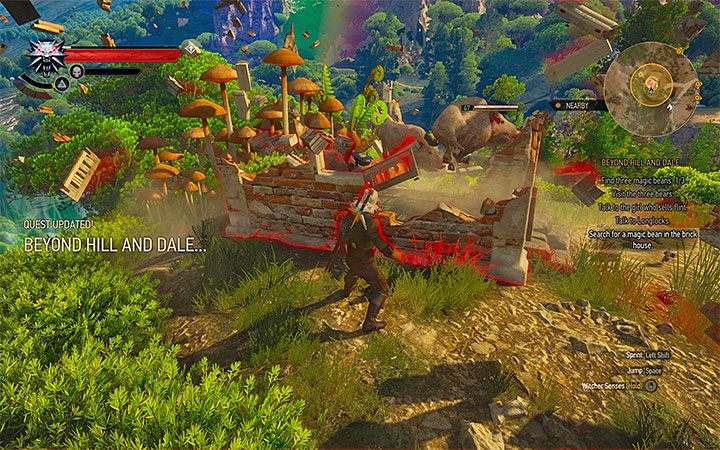 Użyj znaku Aard na domku świnek i po wygranej walce zabierz z niego fasolkę - Dawno, dawno temu... - quest odnalezienia Syanny | Główne zadania Wiedźmin - Wiedźmin 3: Krew i wino - poradnik do gry