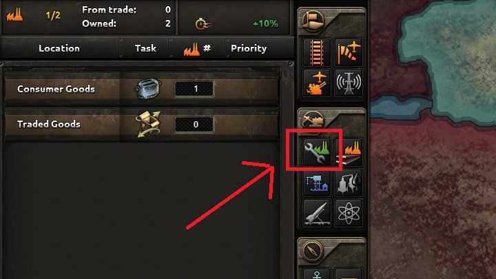 Z powyższego panelu wybierz ikonkę fabryki wojskowej - 10 prostych kroków dla początkujących | Podstawy Hearts of Iron IV - Hearts of Iron IV - poradnik do gry