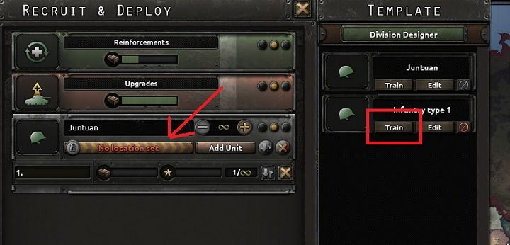 Żeby wystawić dywizję, musisz wybrać jeden z dostępnych szablonów i kliknąć na przycisk oznaczony na powyższym obrazku - 10 prostych kroków dla początkujących | Podstawy Hearts of Iron IV - Hearts of Iron IV - poradnik do gry