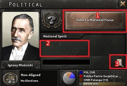 Za pośrednictwem tej zakładki mamy wpływ na to jak będzie kształtowała się polityka naszego państwa - Interfejs | Podstawy Hearts of Iron IV - Hearts of Iron IV - poradnik do gry