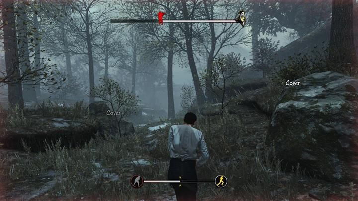 Czeka Cię długa ucieczka przed myśliwym - chowaj się za drzewami i głazami, by odnowić swoją wytrzymałość - Ucieczka przed myśliwym | Ofiarna opowieść | The Devils Daughter - Sherlock Holmes: The Devils Daughter - poradnik do gry