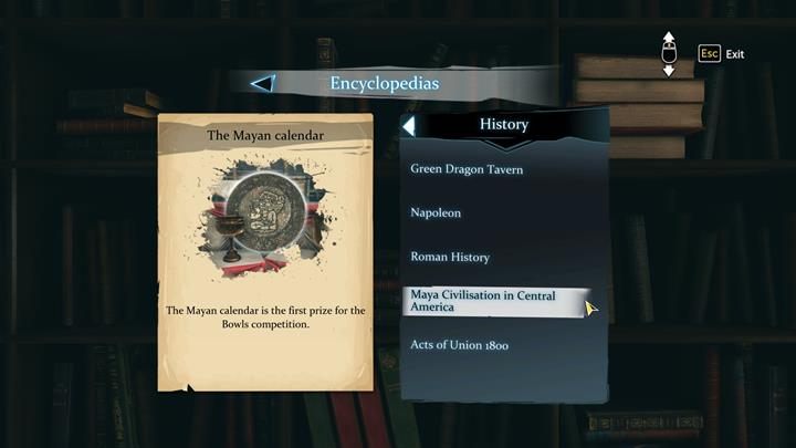 Podejdź do biblioteki i wybierz encyklopedię, a następnie historię i dział historii majów w Ameryce - Zawody kręglarskie i zbieranie dowodów | Studium w zieleni - Sherlock Holmes: The Devils Daughter - poradnik do gry