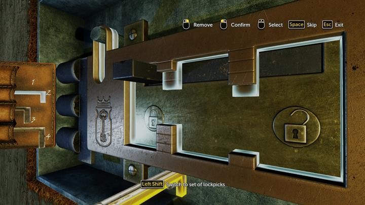 Wybierz jednocześnie wytrych numer 1 do zewnętrznego, a wytrych 3 do wewnętrznego mechanizmu. Następnie, jednocześnie użyj 3 wytrychu na zewnątrz, a 4 wewnątrz - Rozbrojenie bomby i wizyta w domu Alice | Niesława - Sherlock Holmes: The Devils Daughter - poradnik do gry