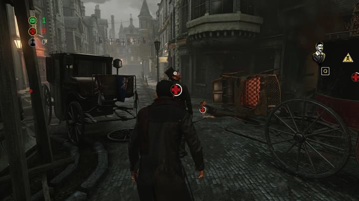 Jako Holmes, pomóż człowiekowi w cylindrze i od razu pobiegnij do płonącego sklepu po prawej - Ratunek poszkodowanych w wypadku | Reakcja łańcuchowa | The Devils Daughter - Sherlock Holmes: The Devils Daughter - poradnik do gry