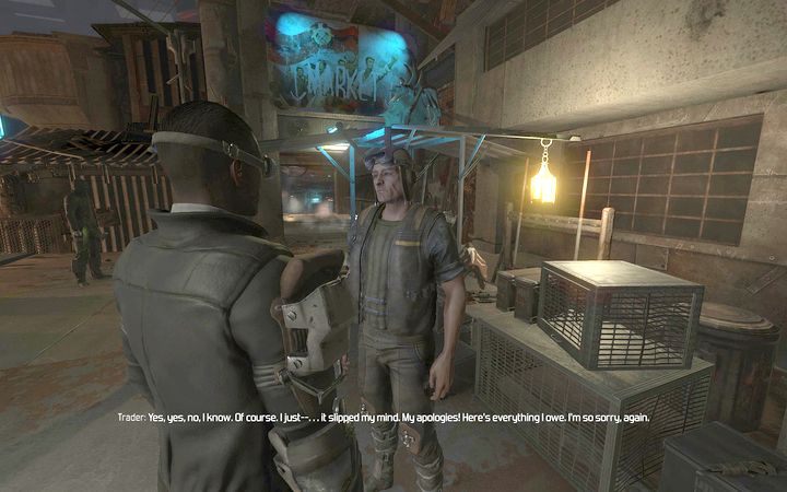 Jeden z handlarzy koło baru jest winien pieniądze Antonowi, lecz odda je bez problemów. - Slumsy | Zadania poboczne | The Technomancer - The Technomancer - poradnik do gry