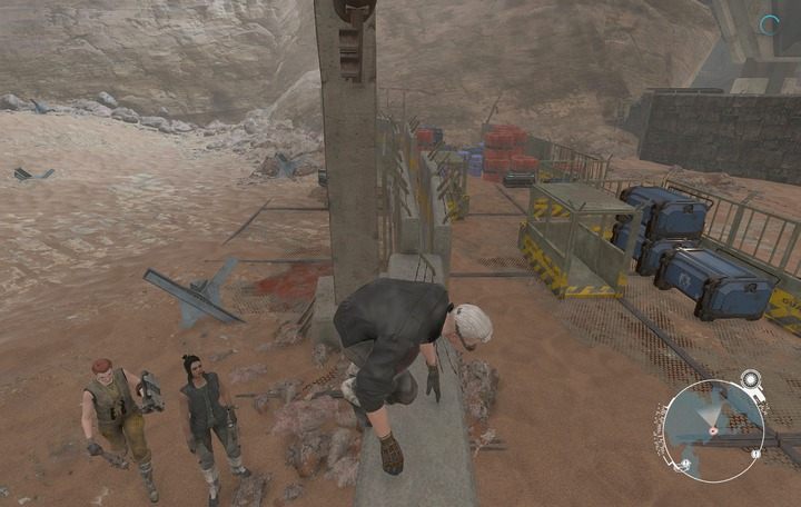 Na prawo od bramy brakuje drutu kolczastego na murze - możesz się tamtędy wspiąć. - Karawanseraj | Zadania poboczne | The Technomancer - The Technomancer - poradnik do gry