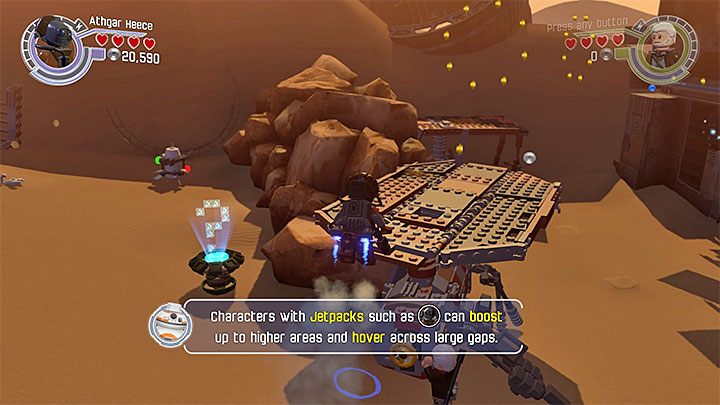 Athgar może dotrzeć na górną platformę dzięki użyciu plecaka odrzutowego - Powrót Lora Sana Tekki | Misje poboczne - LEGO Gwiezdne wojny: Przebudzenie Mocy - poradnik do gry