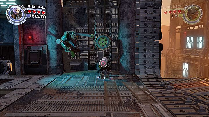 Użyj pokrętła dopiero gdy Athgar znajdzie się w pozycji wiszącej - Powrót Lora Sana Tekki | Misje poboczne - LEGO Gwiezdne wojny: Przebudzenie Mocy - poradnik do gry