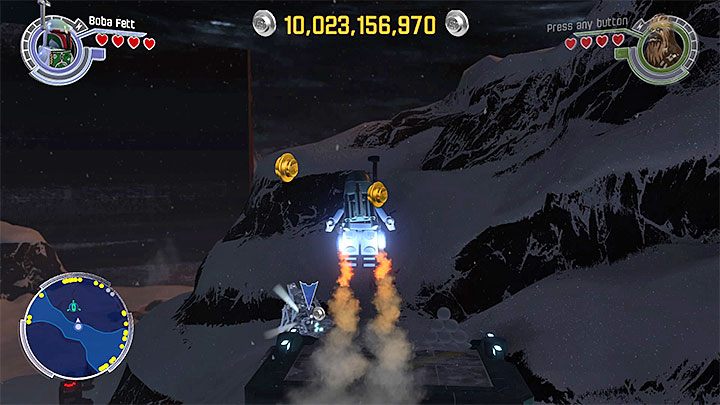 Na półkę z klockiem numer 7 możesz dotrzeć korzystając z dowolnego pojazdu - musisz się odpowiednio rozpędzić i wjechać na wzgórze - Baza Starkiller | Mapy - LEGO Gwiezdne wojny: Przebudzenie Mocy - poradnik do gry