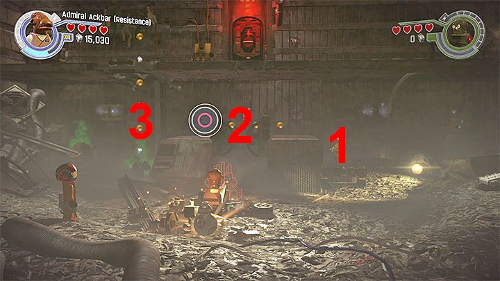 Kolejna część etapu będzie wymagała ścisłej współpracy pomiędzy Admirałem Ackbarem i C-3PO i w rozwiązaniu zagadki pomoże ci powyższy obrazek - Poe na ratunek | Misje poboczne - LEGO Gwiezdne wojny: Przebudzenie Mocy - poradnik do gry