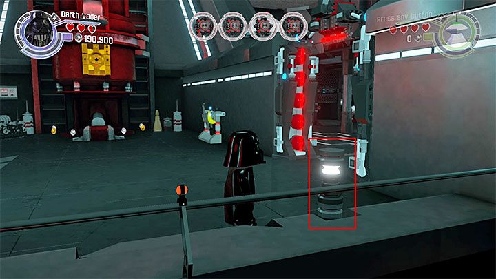 Po tym jak kopuła przeniesiona zostanie w inne miejsce przełącz się na droida Sentry Droid i wejdź w interakcję z mechanizmem, który znajdował się pod kopułą - Rozdział 9 - Zniszczyć bazę Starkiller | Minizestawy i czerwone klocki LEGO - LEGO Gwiezdne wojny: Przebudzenie Mocy - poradnik do gry