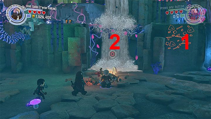 Użyj najpierw klocków w punkcie 1 i następnie w punkcie 2 - Polowanie na rathtary | Misje poboczne - LEGO Gwiezdne wojny: Przebudzenie Mocy - poradnik do gry