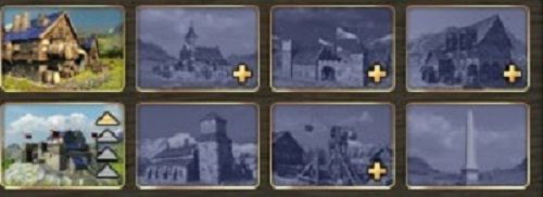 Plusem oznaczone są ikony budynków, które możesz wznieść. Strzałki oznaczają, że budynek można rozbudować. - Infrastruktura i cywile | Zarządzanie w Grand Ages Medieval - Grand Ages: Medieval - poradnik do gry