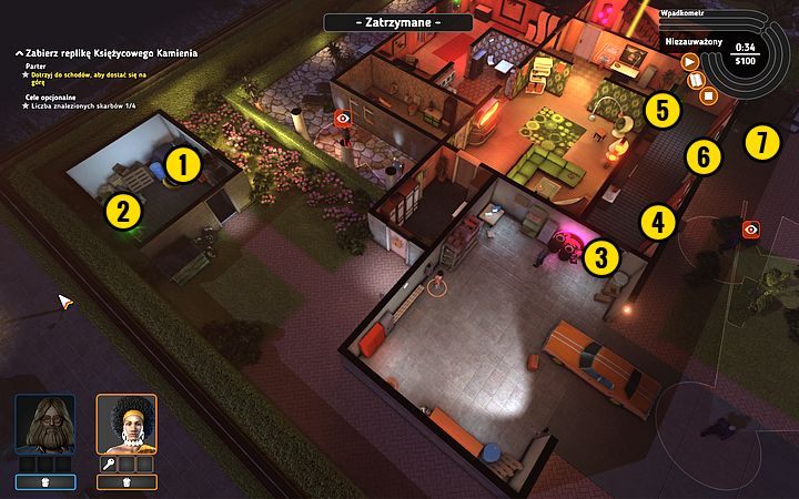 W momencie gdy strażnik zacznie mijać drzwi garażu, szybko przebiegnij Cleopatrą do komórki znajdującej się w narożniku placu - tam podnieś chloroform (1) i przełącz przełącznik (2) - Misja 1 - Garść różowych piór | Opis przejścia misji Crookz - Crookz - poradnik do gry