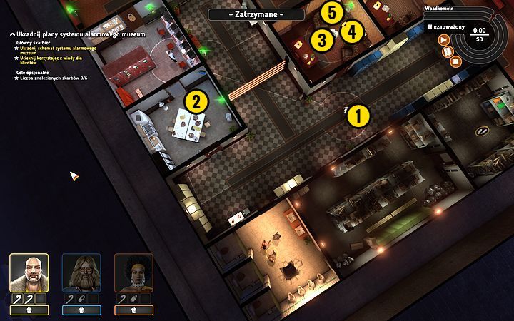 Jako pierwszego do boju poślij Rufusa - zlikwiduj nim strażnika (1) stojącego pośrodku korytarza, zachodząc go od tyłu - Misja 2 - Szpula siedem cali | Opis przejścia misji Crookz - Crookz - poradnik do gry