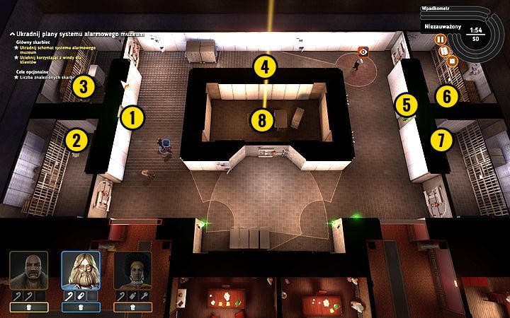 Naśladując ruchy strażnika, poruszaj się dookoła sejfu zgodnie z kierunkiem ruchu wskazówek zegara - Misja 2 - Szpula siedem cali | Opis przejścia misji Crookz - Crookz - poradnik do gry