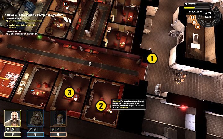 Wyjdź z sejfu i przełącz przełącznik przy bramie (1) po uprzednim upewnieniu się, że strażnik nie znajduje się zbyt blisko - Misja 2 - Szpula siedem cali | Opis przejścia misji Crookz - Crookz - poradnik do gry