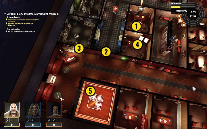 Wyślij Rufusa do kolejnego pomieszczenia ze strażnikiem i dwoma fotelami - zlikwiduj wroga (1) i trzymaj go w błogiej nieświadomości - Misja 2 - Szpula siedem cali | Opis przejścia misji Crookz - Crookz - poradnik do gry