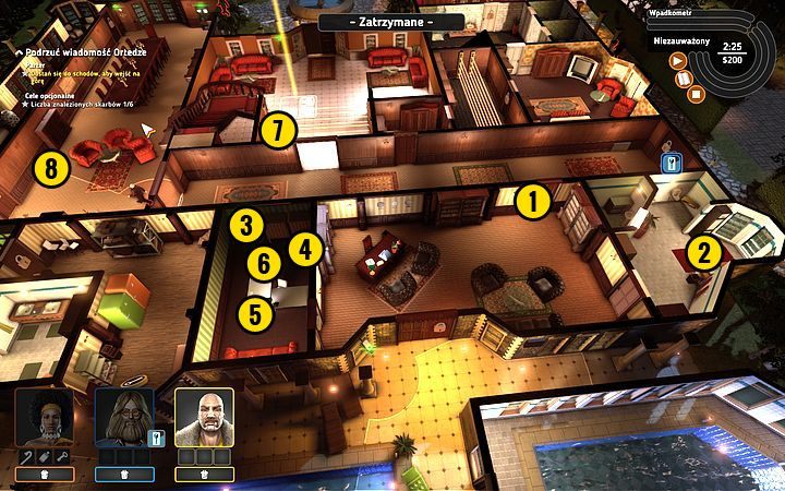 Otwórz Bishopem pierwsze drzwi po lewej (1) uważając, by nie dostrzegł go przechadzający się obok strażnik - Misja 3 - Wiadomość dla Bałwana | Opis przejścia misji Crookz - Crookz - poradnik do gry