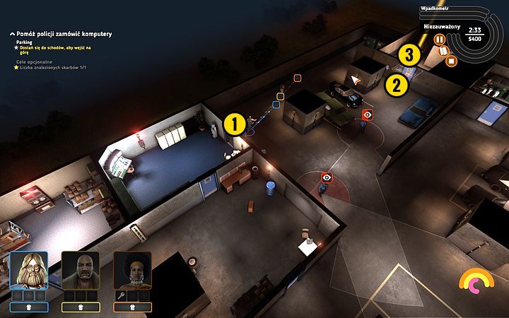 W momencie kiedy strażnik (1) opuści pokój, szybko wybiegnij całą ekipą przez drzwi (2), które otworzy Bishop - Misja 5 - Piątka w sześć minut | Opis przejścia misji Crookz - Crookz - poradnik do gry