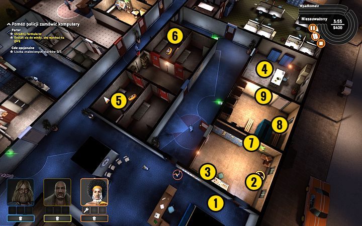 Przeprowadź całą trójkę w pobliże najbliższych drzwi (1) - Misja 5 - Piątka w sześć minut | Opis przejścia misji Crookz - Crookz - poradnik do gry