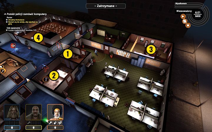Zważając na strażnika, przejdź do sporego pomieszczenia z dużą ilością biurek - Misja 5 - Piątka w sześć minut | Opis przejścia misji Crookz - Crookz - poradnik do gry