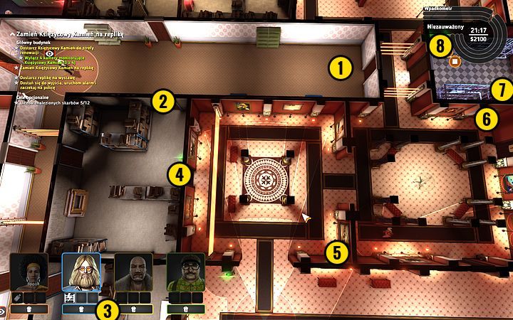 Gdy strażnik będzie iść w kierunku tego miejsca (1), wyślij Bishopa, by otworzył drzwi (2) - Misja 6 - Prawo do milczenia | Opis przejścia misji Crookz - Crookz - poradnik do gry