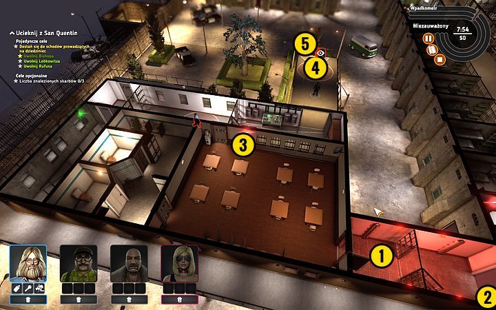 Wróć w pobliże pomieszczenia (1), z którego brałeś cichobieżki - Misja 7 - Dzień odwiedzin | Opis przejścia misji Crookz - Crookz - poradnik do gry