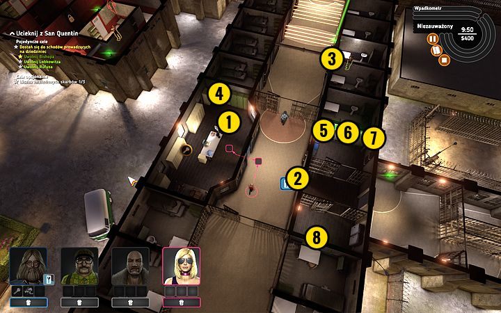 Stań przy drzwiach i poczekaj na strażnika - kiedy zacznie się oddalać w drugą stronę korytarza, podążaj tuż za nim - Misja 7 - Dzień odwiedzin | Opis przejścia misji Crookz - Crookz - poradnik do gry