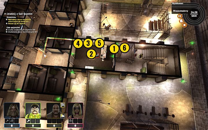 Akcję na dziedzińcu zacznij od mocnego wejścia - wybierz Rufusa i rozwal ścianę (1), po czym pobij strażnika (2) - Misja 7 - Dzień odwiedzin | Opis przejścia misji Crookz - Crookz - poradnik do gry