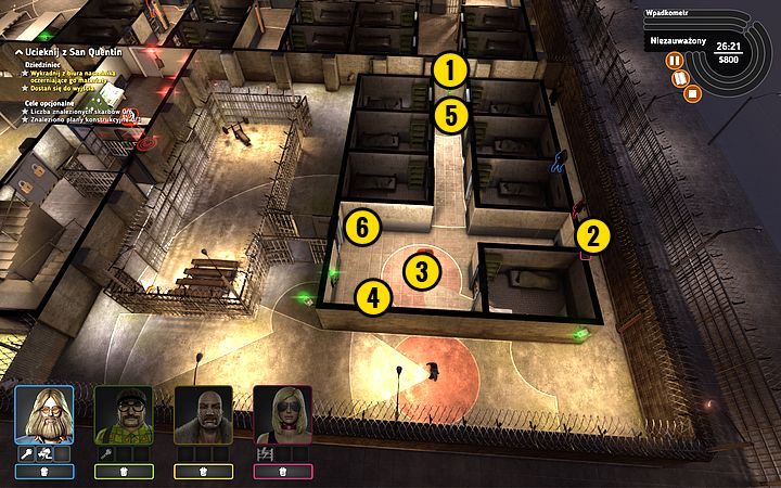 Przebiegnij szybko całą ekipą w kierunku dużego pomieszczenia (1) z celami i skryj się w cieniu - Misja 7 - Dzień odwiedzin | Opis przejścia misji Crookz - Crookz - poradnik do gry