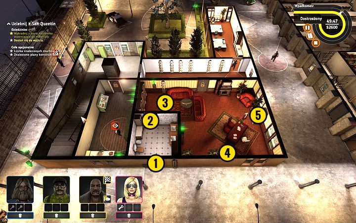 Zabierz klucz do zabezpieczonych drzwi i niszczyciel barier od kolegów, po czym idź Rocket do kanału wentylacyjnego (1) - Misja 7 - Dzień odwiedzin | Opis przejścia misji Crookz - Crookz - poradnik do gry