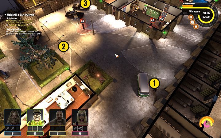 Przejdź za minivana (1) i ukryj się za nim całą ekipą - Misja 7 - Dzień odwiedzin | Opis przejścia misji Crookz - Crookz - poradnik do gry