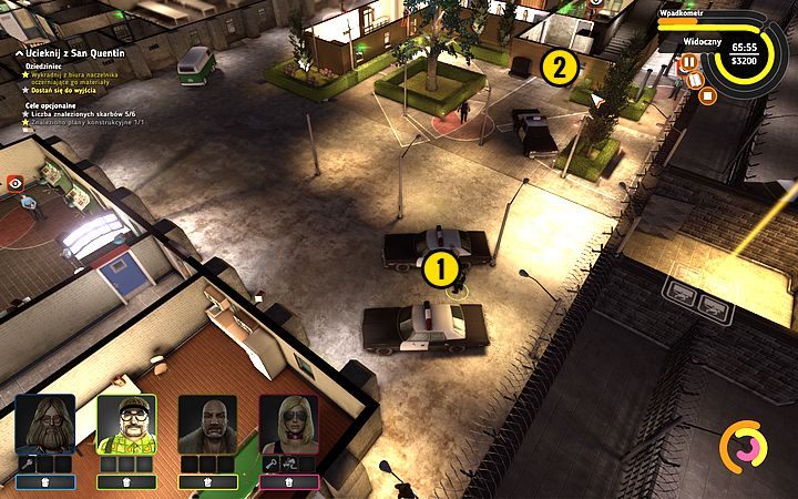 Stań za radiowozem (1) i gdy strażnik zacznie się oddalać, przebiegnij Bishopem i otwórz drzwi (2) - Misja 7 - Dzień odwiedzin | Opis przejścia misji Crookz - Crookz - poradnik do gry