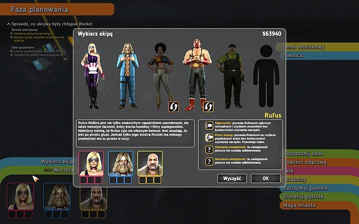 Tym razem warto spędzić trochę czasu nad wyborem postaci - ja zdecydowałem się na Rocket (co jest obligatoryjne) oraz Rufusa i Bishopa - Misja 8 - To się rusza! | Opis przejścia misji Crookz - Crookz - poradnik do gry