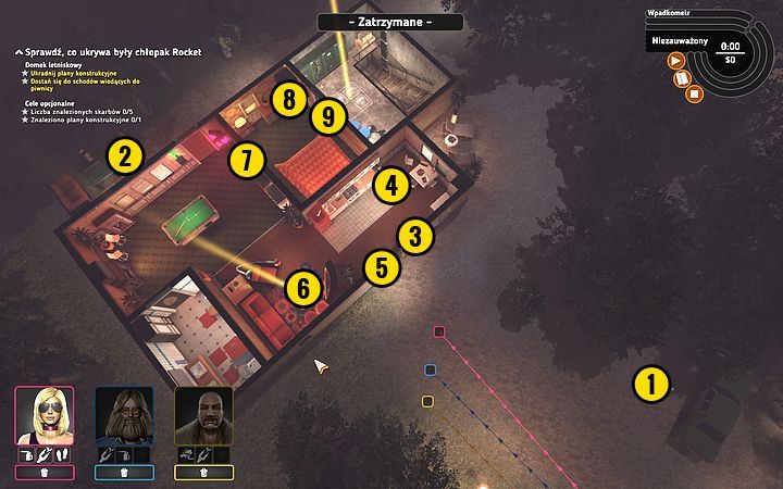 No to akcja - za samochodem znajdziesz pierwszy łup (1), z kolei za domem - drugi (2) - Misja 8 - To się rusza! | Opis przejścia misji Crookz - Crookz - poradnik do gry