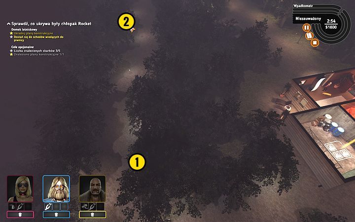 Zanim udasz się do wyjścia, wyjdź Rocket na zewnątrz - na alejce leży czwarty (1) i piąty (2) łup - Misja 8 - To się rusza! | Opis przejścia misji Crookz - Crookz - poradnik do gry