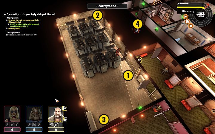 Potraktuj barierę świetlną (1) niszczycielem barier, w momencie gdy strażnik będzie się oddalać - Misja 8 - To się rusza! | Opis przejścia misji Crookz - Crookz - poradnik do gry