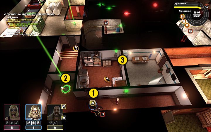 Bishopem otwórz drzwi (1) - użyj przełącznika (2) i kolejnym przełącznikiem otwórz drzwi (3) - Misja 8 - To się rusza! | Opis przejścia misji Crookz - Crookz - poradnik do gry