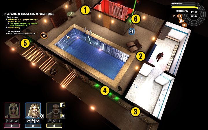 Przedostań się w pobliże basenu - stań za wnęką (1) przy wejściu do labiryntu i poczekaj, aż strażnik zniknie w korytarzu - Misja 8 - To się rusza! | Opis przejścia misji Crookz - Crookz - poradnik do gry