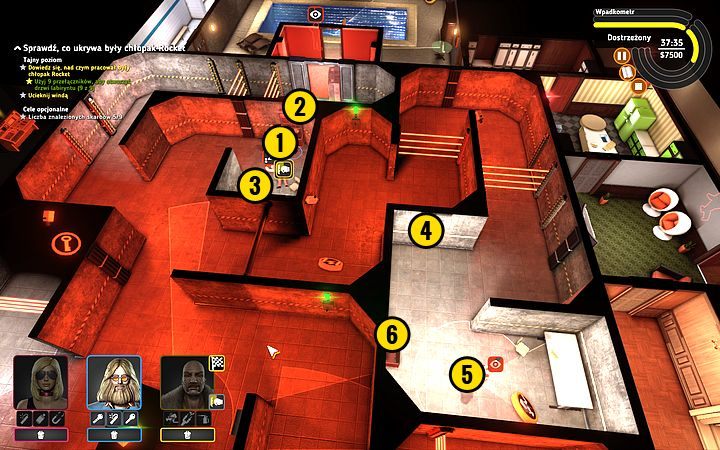 Pobij strażnika (1), omijając zasięg kamer - Bishopem skorzystaj z terminalu kamer (2) i podnieś łup (3) - Misja 8 - To się rusza! | Opis przejścia misji Crookz - Crookz - poradnik do gry