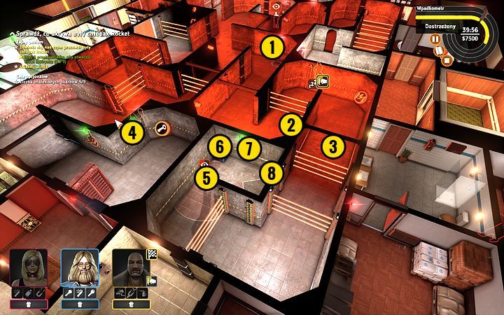 Każ Bishopowi pociągnąć za przełącznik (1) - wyślij Rufusa pod ścianę, tuż przed lasery (2), ponownie pociągnij za przełącznik i podprowadź Rufusa jak najbliżej laserów (3) - Misja 8 - To się rusza! | Opis przejścia misji Crookz - Crookz - poradnik do gry