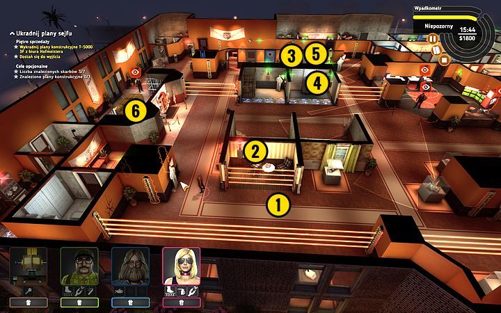 Wyślij Rocket w pobliże pierwszej blokady (1), gdzie pociągnij za przełącznik, który zamyka drzwi (2) - Misja 9 - Sprzedaż marzeń | Opis przejścia misji Crookz - Crookz - poradnik do gry