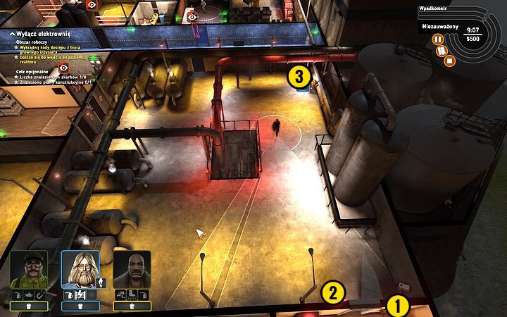 Poślij Bishopa po łup - otwórz drzwi za pośrednictwem przełącznika (1) i zamknij je (2) - Misja 10 - Wyciągnij wtyczkę | Opis przejścia misji Crookz - Crookz - poradnik do gry