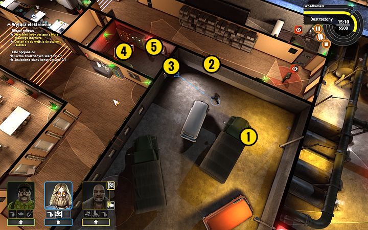 Przejdź w pobliże ciężarówki (1) - gdy strażnik wejdzie do środka, wyłącz kamerę Lobkowitzem (2) i otwórz drzwi Bishopem (3) - Misja 10 - Wyciągnij wtyczkę | Opis przejścia misji Crookz - Crookz - poradnik do gry
