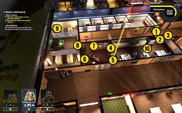 Przejdź całą ekipą przez barierę (1), tak by hałas nie dotarł do żadnego ze strażników - Misja 10 - Wyciągnij wtyczkę | Opis przejścia misji Crookz - Crookz - poradnik do gry