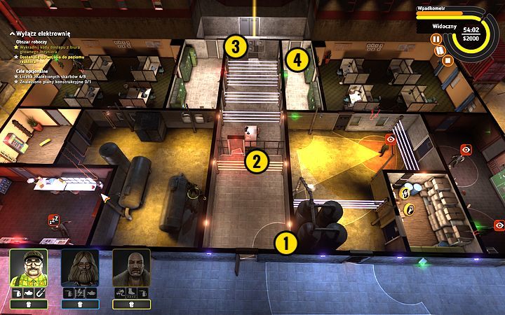 To musi być szybka akcja - wyłącz kamerę Lobkowitzem (1), następnie potraktuj barierę niszczycielem (2) - Misja 10 - Wyciągnij wtyczkę | Opis przejścia misji Crookz - Crookz - poradnik do gry